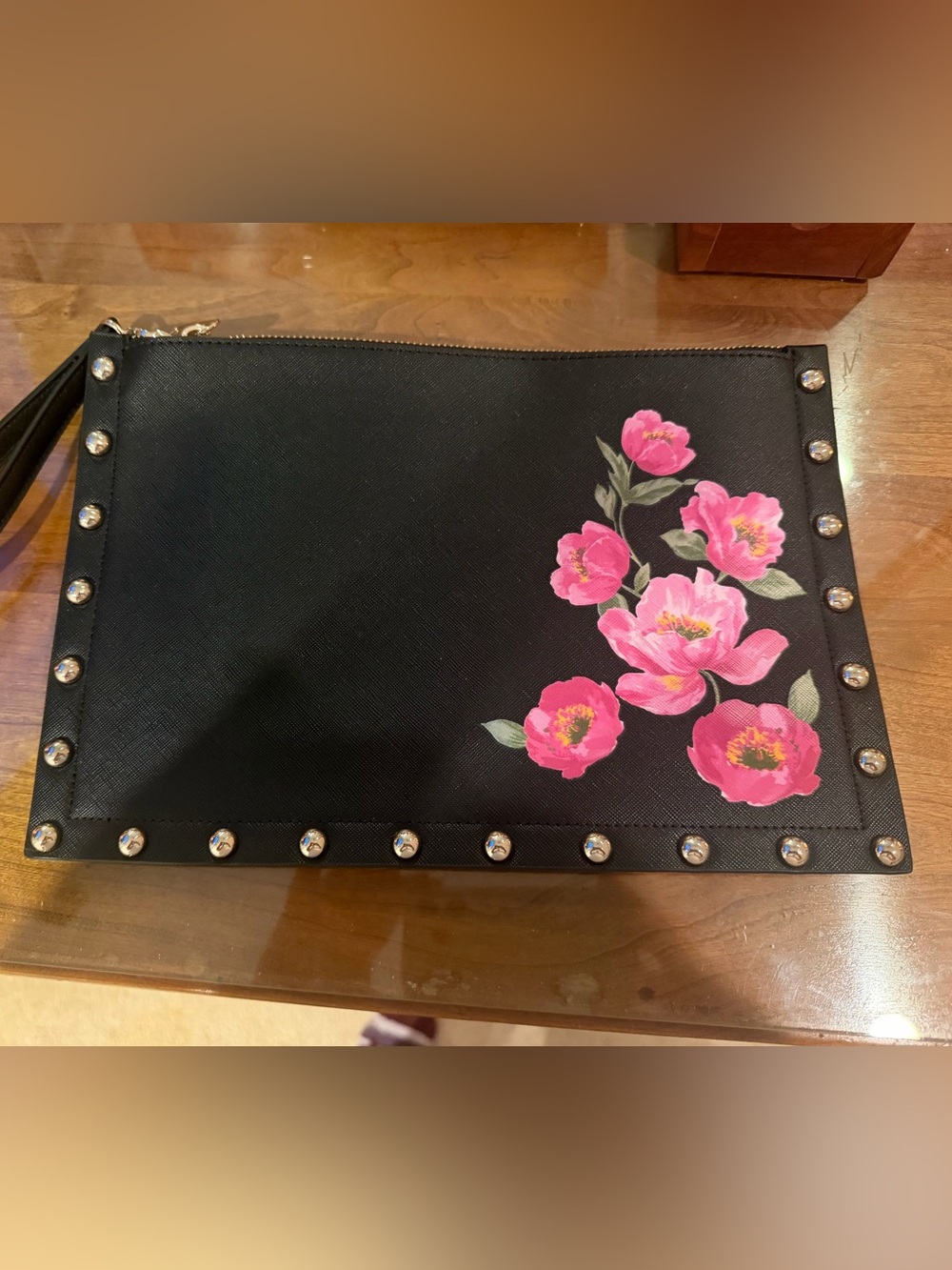 WHBM Black Floral Studded Zip Clutch - Pink Flower Detail